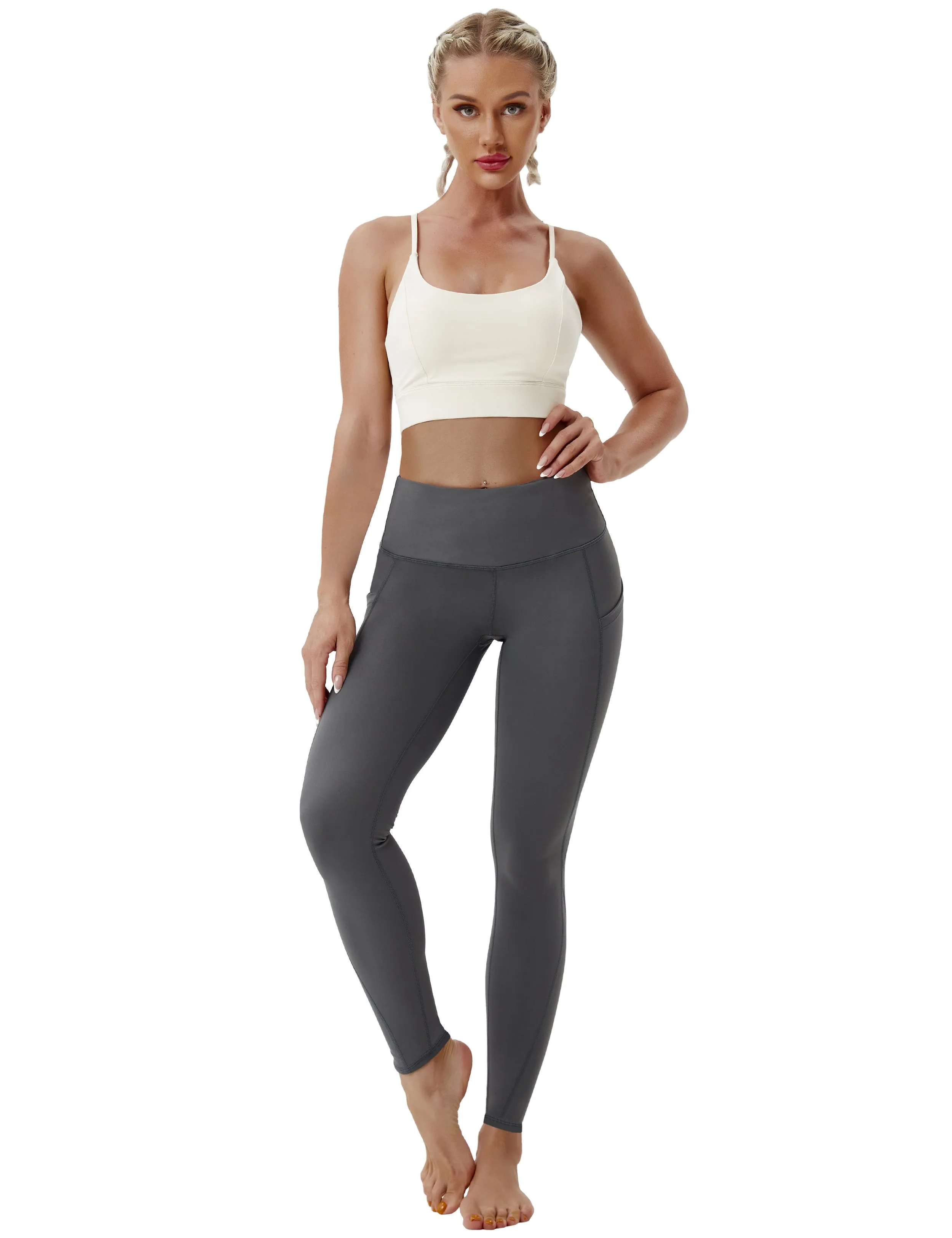 High Waist Side Pockets Running Pants shadowcharcoal_Running